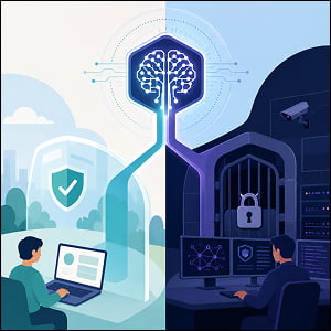 Illustration of a central AI brain splitting into two paths: one for public use with safety guardrails and one locked behind a secure gate for trusted researchers.