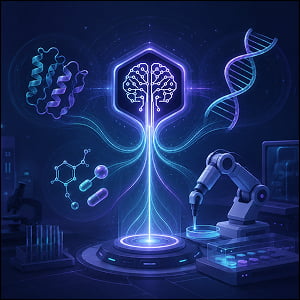 Illustration of a glowing AI brain powering protein design, DNA analysis, drug-candidate molecules, and a robotic lab arm.