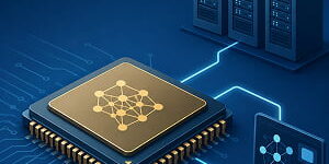 Illustration of a custom AI chip connected to server racks and an AI interface, representing specialized hardware powering large-scale AI inference.