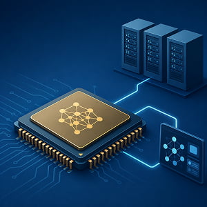 Illustration of a custom AI chip connected to server racks and an AI interface, representing specialized hardware powering large-scale AI inference.