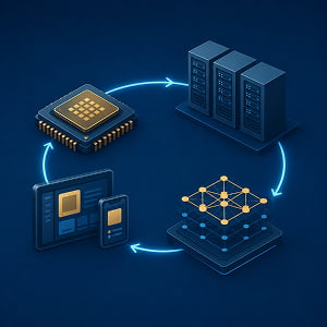 Illustration of a circular AI infrastructure flywheel connecting a custom chip, server racks, neural network model, and product interfaces.