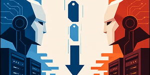 Illustration of two opposing stylized AI systems in blue and orange face each other as price-tag shapes, a downward arrow, and token-like coins fall between them, symbolizing an AI price war.