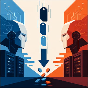 Illustration of two opposing stylized AI systems in blue and orange face each other as price-tag shapes, a downward arrow, and token-like coins fall between them, symbolizing an AI price war.