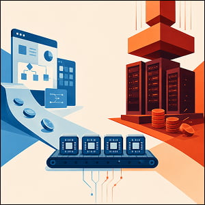 Illustration of cheaper AI adoption flowing toward app panels while identical chip modules move along a conveyor and server racks are compressed by heavy infrastructure costs.