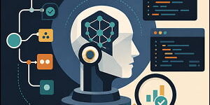 Illustration showing a stylized robotic head with a neural network, coding panels, workflow nodes, a magnifying glass, and a checkmark shield to represent reliable AI reasoning and code validation.