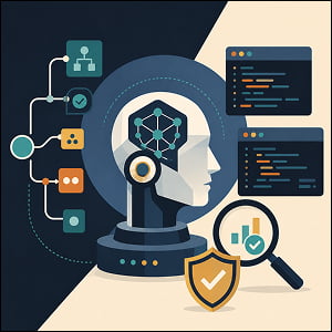 Illustration showing a stylized robotic head with a neural network, coding panels, workflow nodes, a magnifying glass, and a checkmark shield to represent reliable AI reasoning and code validation.