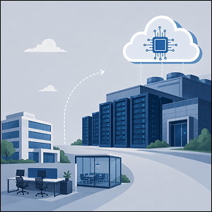 Illustration of a modest office campus and empty workstations transitioning toward a larger AI cloud and data center, representing AI-driven restructuring.