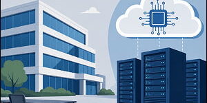 Illustration of an empty office desk with a packed box beside a corporate building, facing cloud servers and an AI chip symbol.