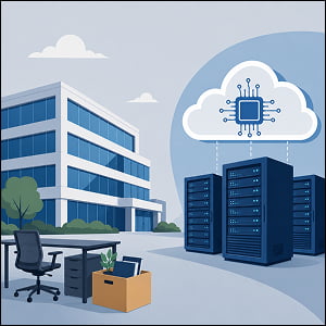 Illustration of an empty office desk with a packed box beside a corporate building, facing cloud servers and an AI chip symbol.