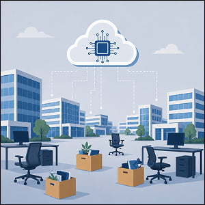 Illustration of empty office desks and packed boxes across a tech campus, connected to an AI cloud symbol above.