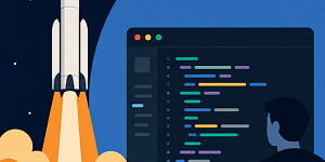 Illustration of a rocket launching beside a developer using an AI code editor, symbolizing SpaceX’s acquisition of Cursor.