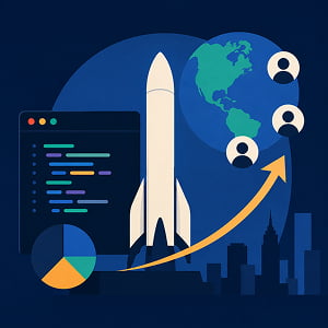 Illustration of a rocket, rising stock arrow, global user icons, and code panel, symbolizing SpaceX’s post-acquisition growth strategy for Cursor.