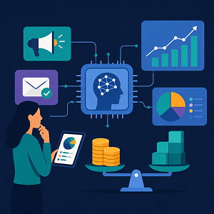 Illustration of an AI marketing analytics system connecting campaign icons, charts, costs, and returns, with a marketer reviewing ROI data on a tablet.