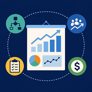 Illustration of an AI ROI measurement dashboard surrounded by workflow, KPI, checklist, and finance icons in a circular system.