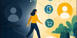 Illustration of a dormant customer moving from a dark inactive area into a bright re-engagement path, guided by AI network nodes, email, mobile, and shopping icons.