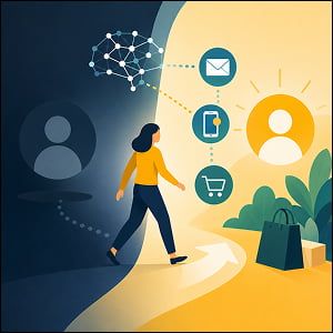 Illustration of a dormant customer moving from a dark inactive area into a bright re-engagement path, guided by AI network nodes, email, mobile, and shopping icons.
