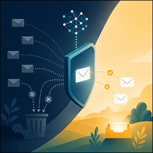 Illustration of AI filtering win-back emails through a shield, suppressing risky messages into a trash bin while approved emails continue to a clean inbox.