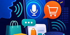 Illustration of a person using voice search with a smart speaker and smartphone to shop through an AI-powered conversational commerce interface.