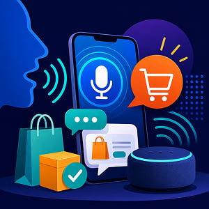 Illustration of a person using voice search with a smart speaker and smartphone to shop through an AI-powered conversational commerce interface.