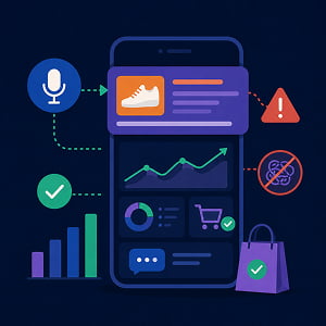 Illustration of a mobile analytics dashboard tracking voice search and conversational commerce performance, with growth charts, success indicators, and warning icons for common optimization mistakes.