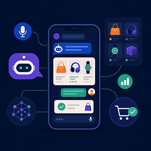 Illustration of a mobile AI shopping chat interface recommending products, processing a cart, and connecting product data to voice and conversational commerce signals.