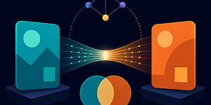 Illustration of two abstract brand cards connected by glowing data streams, with a small AI network above and overlapping audience circles below on a dark background.