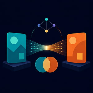 Illustration of two abstract brand cards connected by glowing data streams, with a small AI network above and overlapping audience circles below on a dark background.