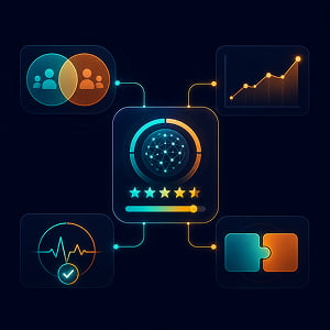 Illustration of an AI evaluation dashboard with connected panels showing audience overlap, growth prediction, trust signals, and operational fit on a dark background.