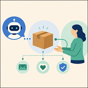 Illustration of an AI agent connected to a customer through a delivered package, with icons representing email, loyalty, and trust signals.