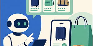 Illustration of an AI shopping assistant comparing luggage products on a digital interface and completing an online purchase.