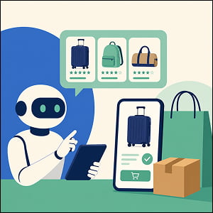 Illustration of an AI shopping assistant comparing luggage products on a digital interface and completing an online purchase.