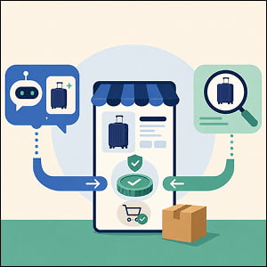 Illustration of AI shopping checkout, showing a merchant storefront connected to chat and search agents, with secure approval icons and a delivery box.
