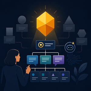Illustration of a strategist organizing a brand messaging framework with AI support around a central glowing brand symbol.