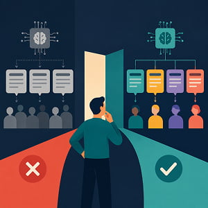 Illustration contrasting generic AI messaging with distinctive, audience-specific brand messages shaped by human strategy.