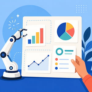 Illustration of an AI robotic arm and human hand assembling bar, line, and pie chart panels on a minimalist infographic dashboard.