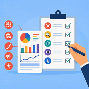 Illustration of a hand checking an infographic quality checklist for clutter, data accuracy, brand consistency, ad-like design, and accessibility.