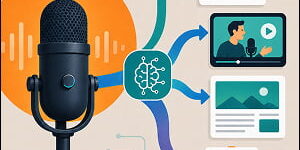 Illustration of a podcast microphone feeding into an AI hub that turns one episode into multiple content formats, including clips, documents, articles, and newsletters.