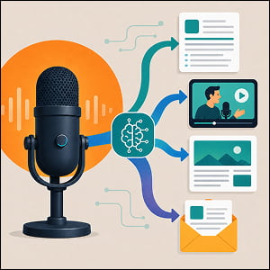 Illustration of a podcast microphone feeding into an AI hub that turns one episode into multiple content formats, including clips, documents, articles, and newsletters.
