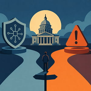 Illustration of a person standing at a fork between an AI safety shield and a warning symbol, with a government building ahead.