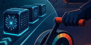 Illustration of a gloved hand pulling a brake lever to slow glowing AI server modules inside a protective barrier as data escapes through a crack.