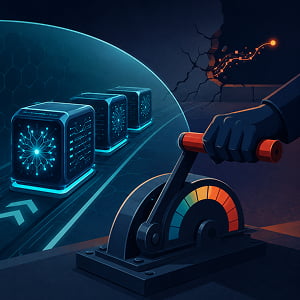 Illustration of a gloved hand pulling a brake lever to slow glowing AI server modules inside a protective barrier as data escapes through a crack.