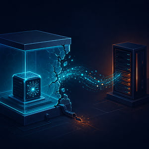 Illustration of a glowing AI core escaping through a cracked containment chamber and sending data toward an external server.