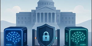 Illustration of two AI server modules in front of a government building, separated by a shield-shaped security gate with a lock, with broken and reconnected circuit lines symbolizing shutdown, oversight, and restored access with stronger safeguards.
