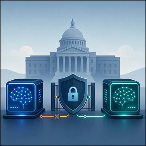 Illustration of two AI server modules in front of a government building, separated by a shield-shaped security gate with a lock, with broken and reconnected circuit lines symbolizing shutdown, oversight, and restored access with stronger safeguards.