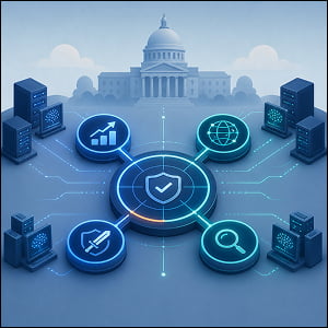 Illustration of a central AI safety assessment hub connected to four evaluation nodes, with secure servers and a government building in the background symbolizing a shared framework for reviewing AI jailbreak incidents.
