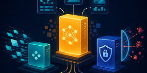 Illustration of three connected AI model blocks representing general-purpose processing, high-speed data workflows, and cybersecurity protection against software threats.