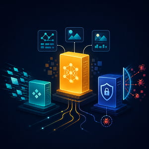 Illustration of three connected AI model blocks representing general-purpose processing, high-speed data workflows, and cybersecurity protection against software threats.
