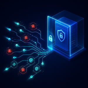 Illustration of a glowing AI agent scanning code paths for software bugs and funnel patched results into a locked cybersecurity server.