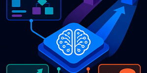 Illustration of a glowing AI chip connected to simplified coding, performance chart, and token cost panels, with abstract racing lanes suggesting competition among AI models.