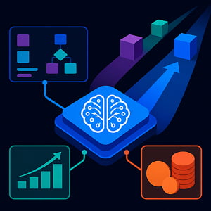 Illustration of a glowing AI chip connected to simplified coding, performance chart, and token cost panels, with abstract racing lanes suggesting competition among AI models.